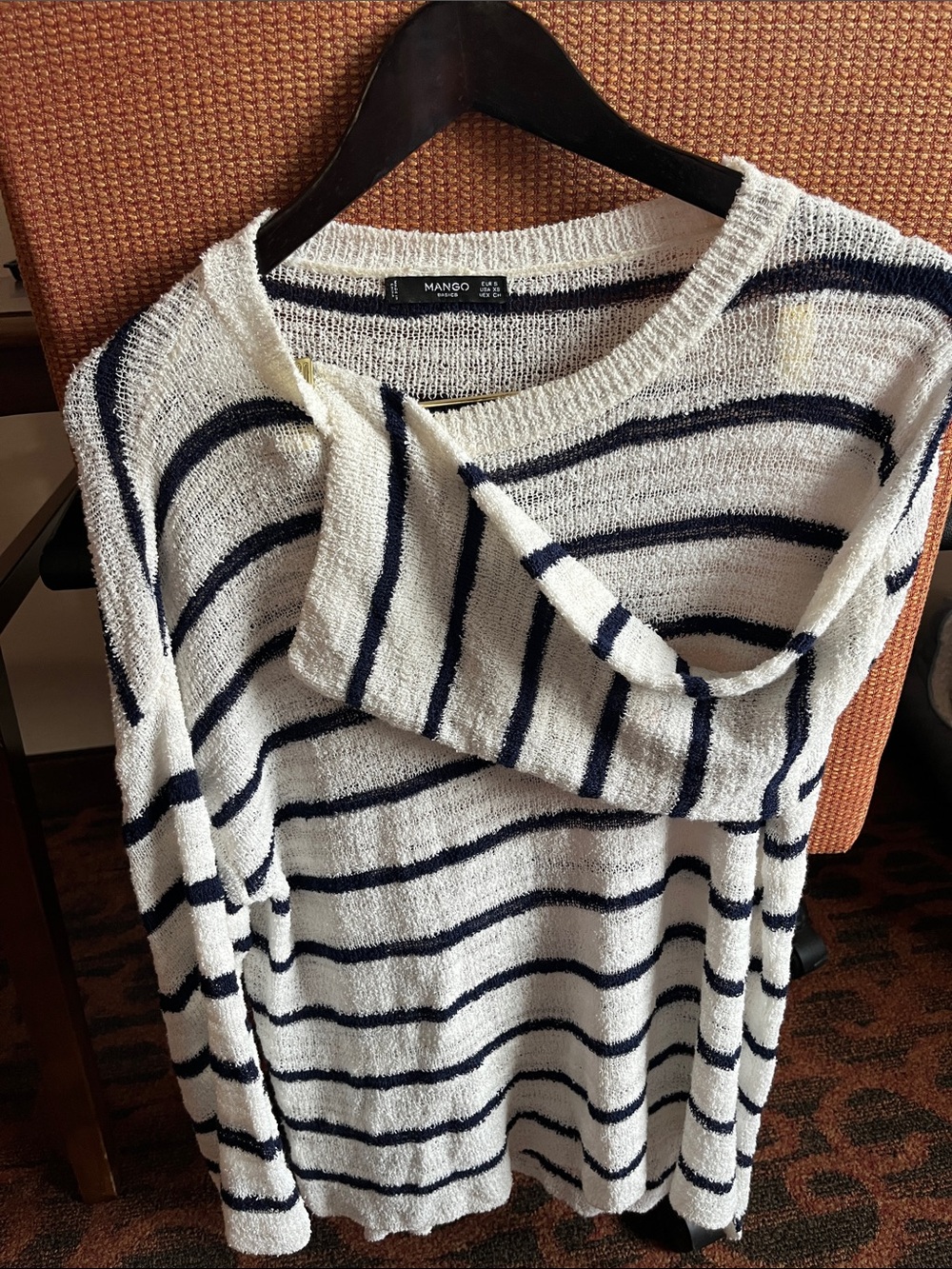 Mango Basics White & Navy Striped Crewneck Sweater Light Weight XS but Oversized